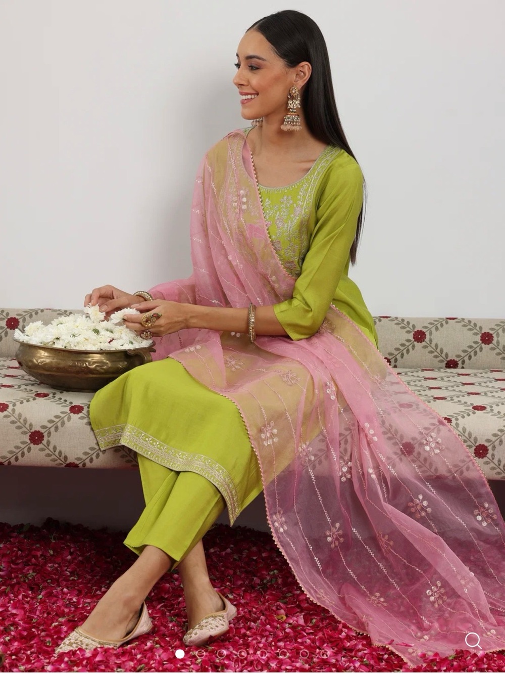 Women’s Lime Green Straight Salwar Set with Pink Dupatta